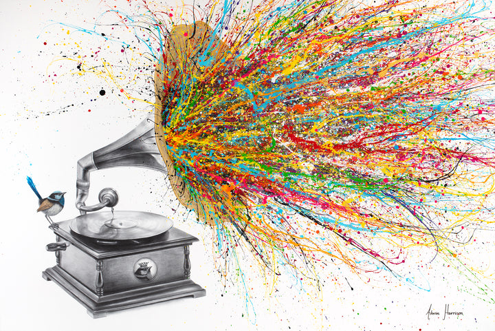 large gramophone music player with record vinyl and wren blue bird sitting on it with big gold speaker and rainbow paint splatters coimng out on white background