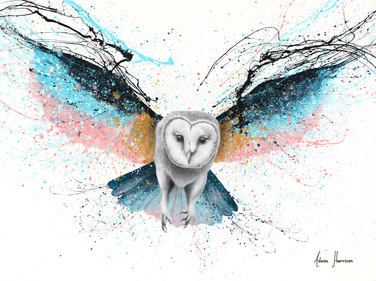 owl in black and white flying wings stretched out in blue pink and orange pastel color splatter paint on white background