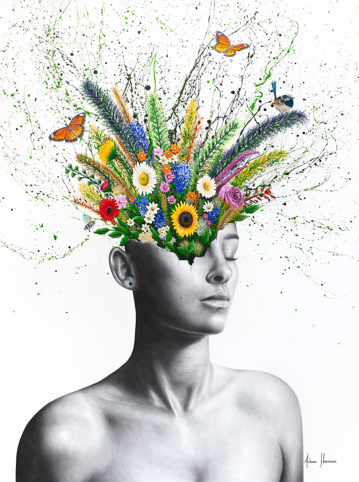 black and white woman figure head cracked open with plants leaves flowers butterflies bird bee coming out flying growing out of head and splatter paint on white background