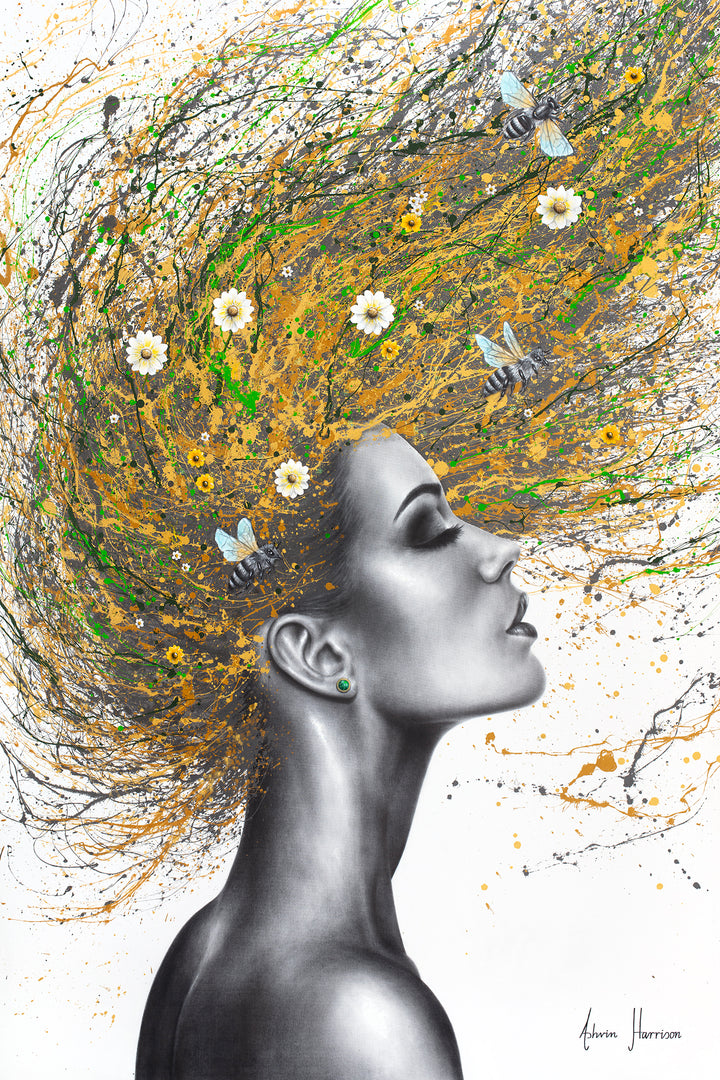 black and white profile womans face and head flipping golden hair back with splatters of green and small daisy flowers and bees in hair on white background