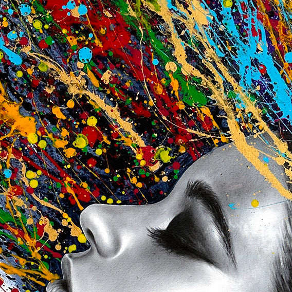 Beautiful woman wearing headphones, painted in black and white coconut charcoal with colorful splattered paint as hair