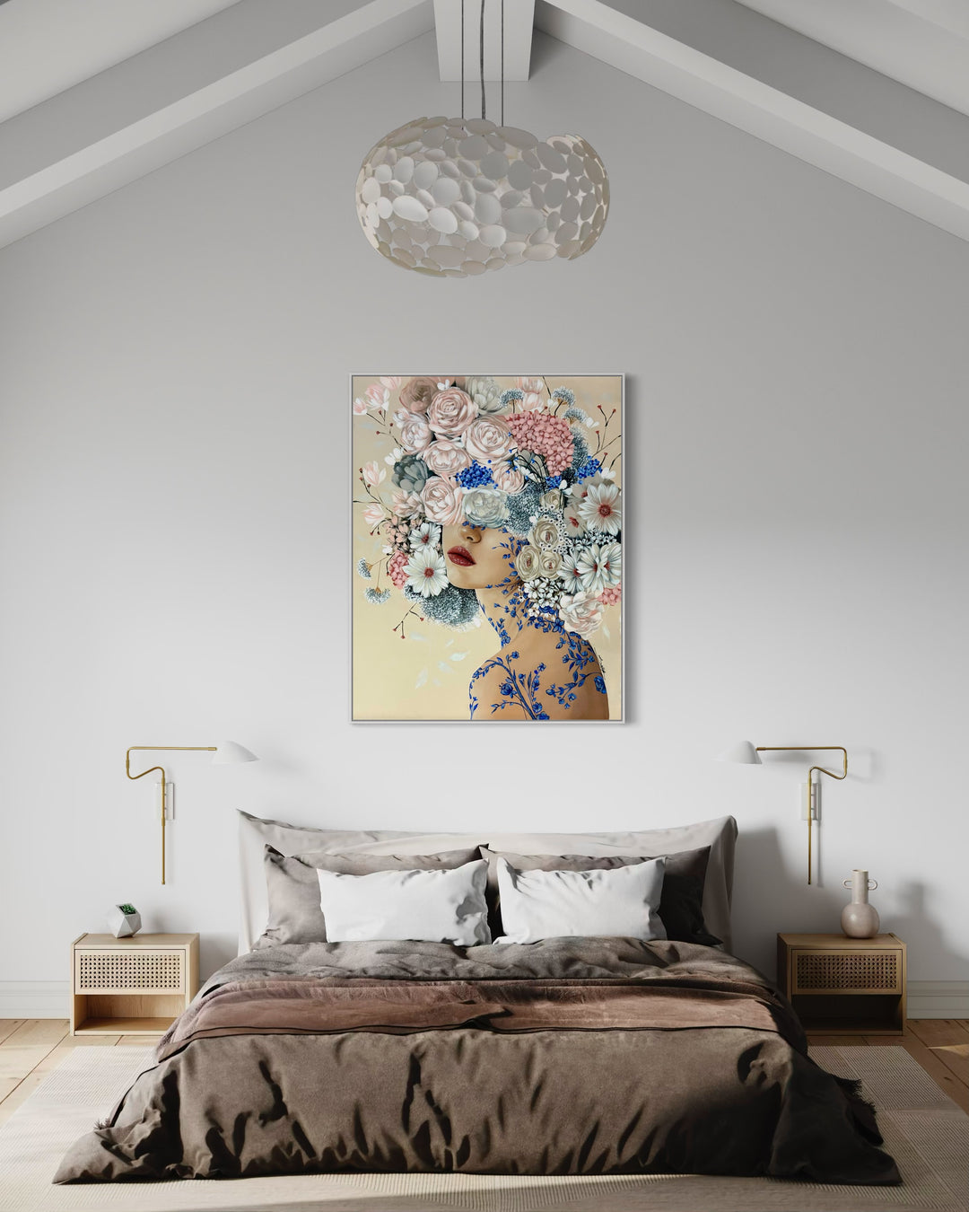 Audrey by Sally K. acrylic painting on canvas of a woman with blue floral tattoos and flowers surrounding her face. Light cream foreground, white, grey, blue and light pink flowers.