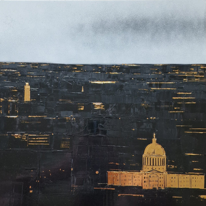 "Austin" by French artist Julien Rey — a mixed-media painting of the Austin, Texas skyline crafted with Chinese lacquer and gold leaf on canvas. The Texas State Capitol and University of Texas Tower emerge from a richly textured nocturnal cityscape, with horizontal gold leaf striations evoking glittering city lights. A pale blue-gray sky with soft silver clouds completes the composition. Original contemporary cityscape painting available at Morton Contemporary gallery.