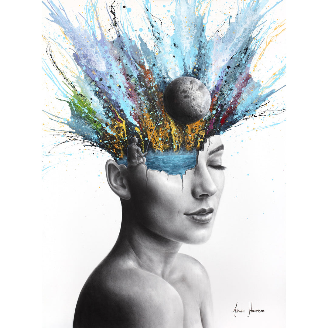 cracked open woman head in black and white filled with water, man finish splatter paint explosion out of her head, moon small floating above