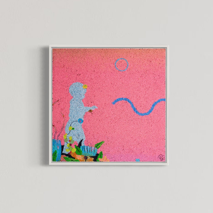 20"x20" abstract piece using crushed volcanic rock and acrylic paint with a child&