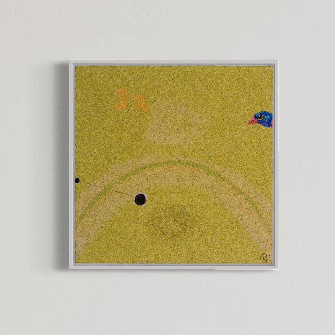 20"x20" abstract piece using crushed volcanic rock and acrylic paint with a bird and abstract forms over a yellow background. 