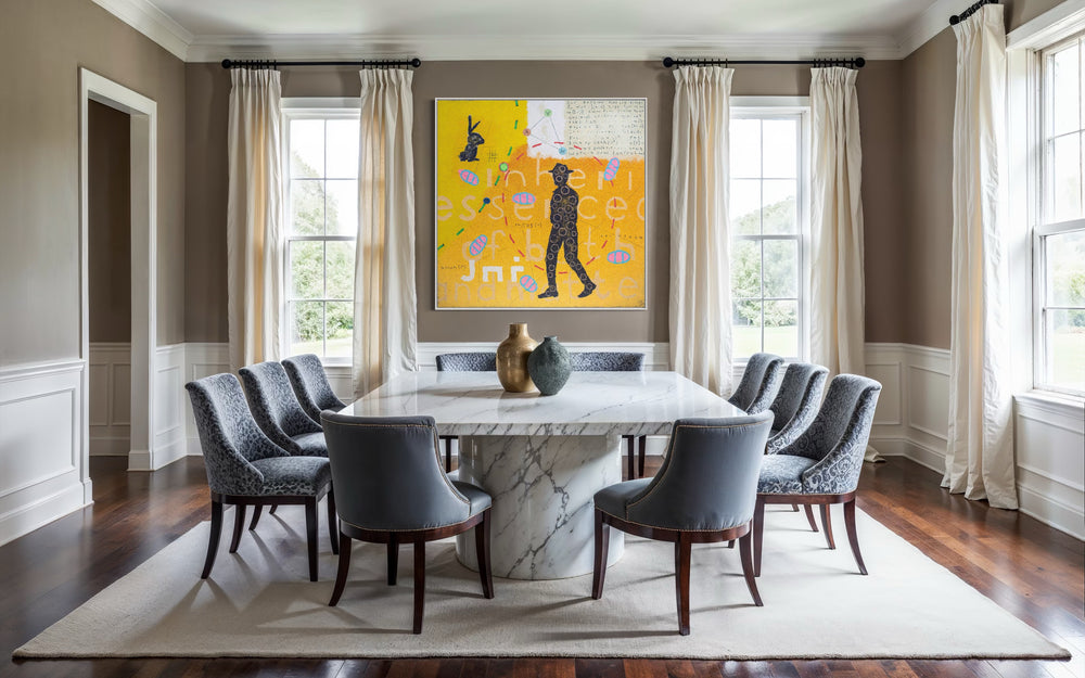60"x60" abstract piece using crushed volcanic rock and acrylic paint featuring abstract forms over a yellow and orange background. 