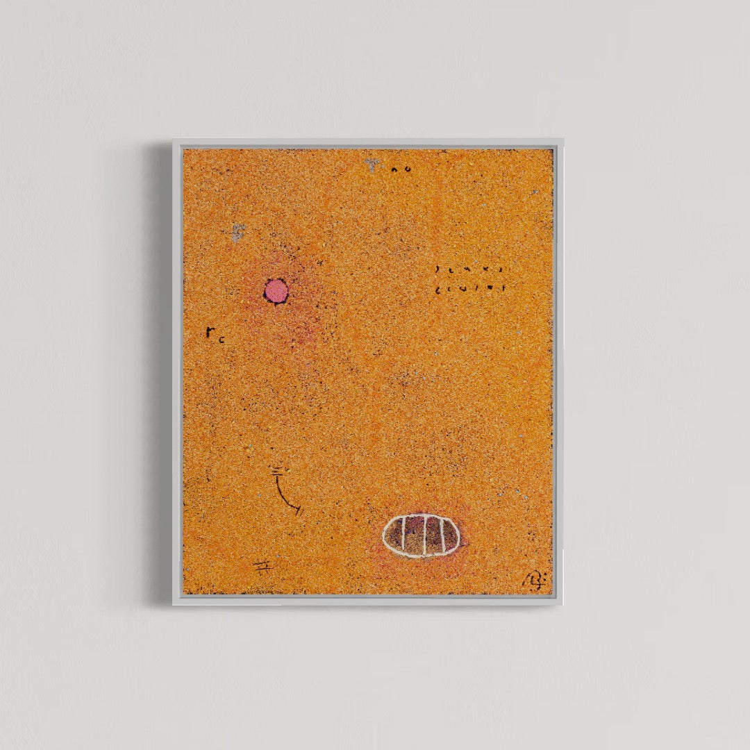 24"x20" abstract piece using crushed volcanic rock and acrylic paint featuring abstract forms over a yellow background. 