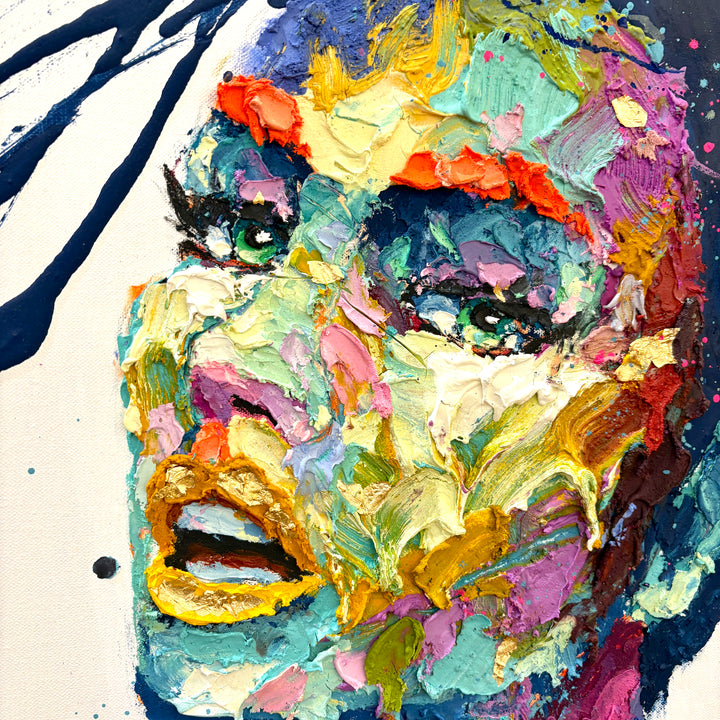 side profile portrait woman face painted thick and expressionistically with many colors blue hair splattered and text spray painted stencil on white background