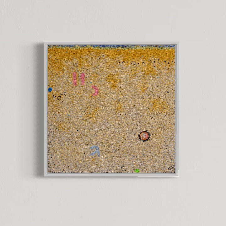 20"x20" abstract piece using crushed volcanic rock and acrylic paint featuring abstract forms over a beige and yellow background. 