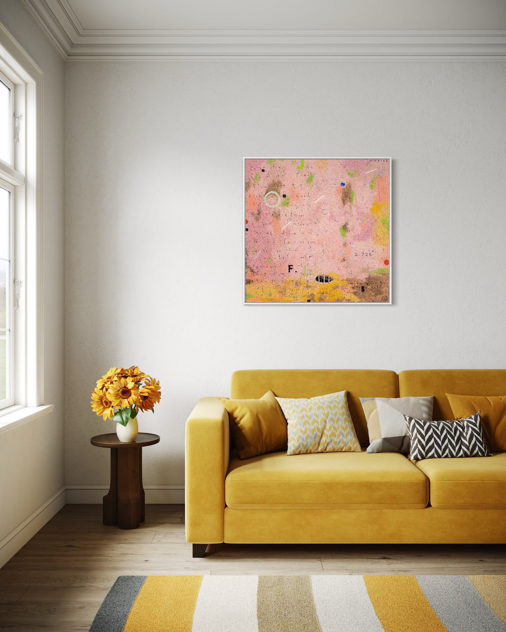 36"x36" abstract piece using crushed volcanic rock and acrylic paint featuring abstract forms over a pink and yellow background. 