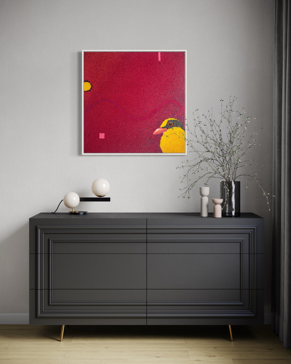 30"x30" abstract piece using crushed volcanic rock and acrylic paint with a bird and abstract forms over a red background. 