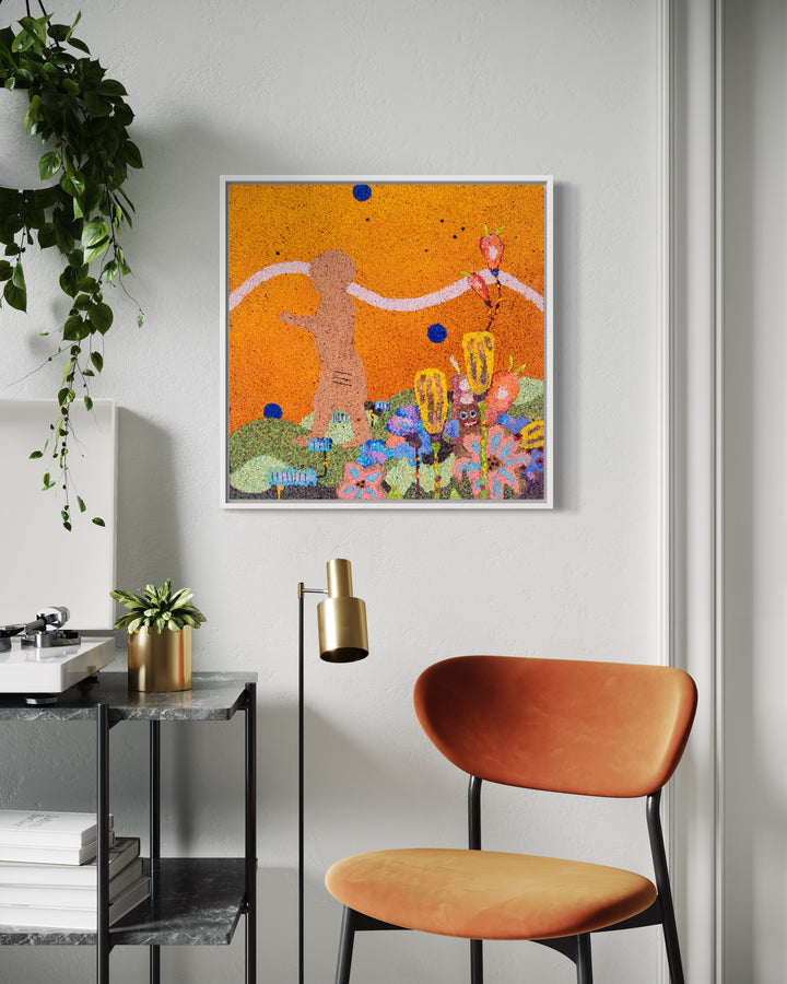 20"x20" abstract piece using crushed volcanic rock and acrylic paint with a child&