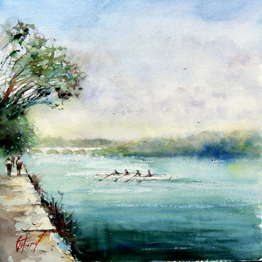 rowing boat team on river and walk way to the left with pedestrians and a tree in bright washy watercolor of blue turquoise and greens