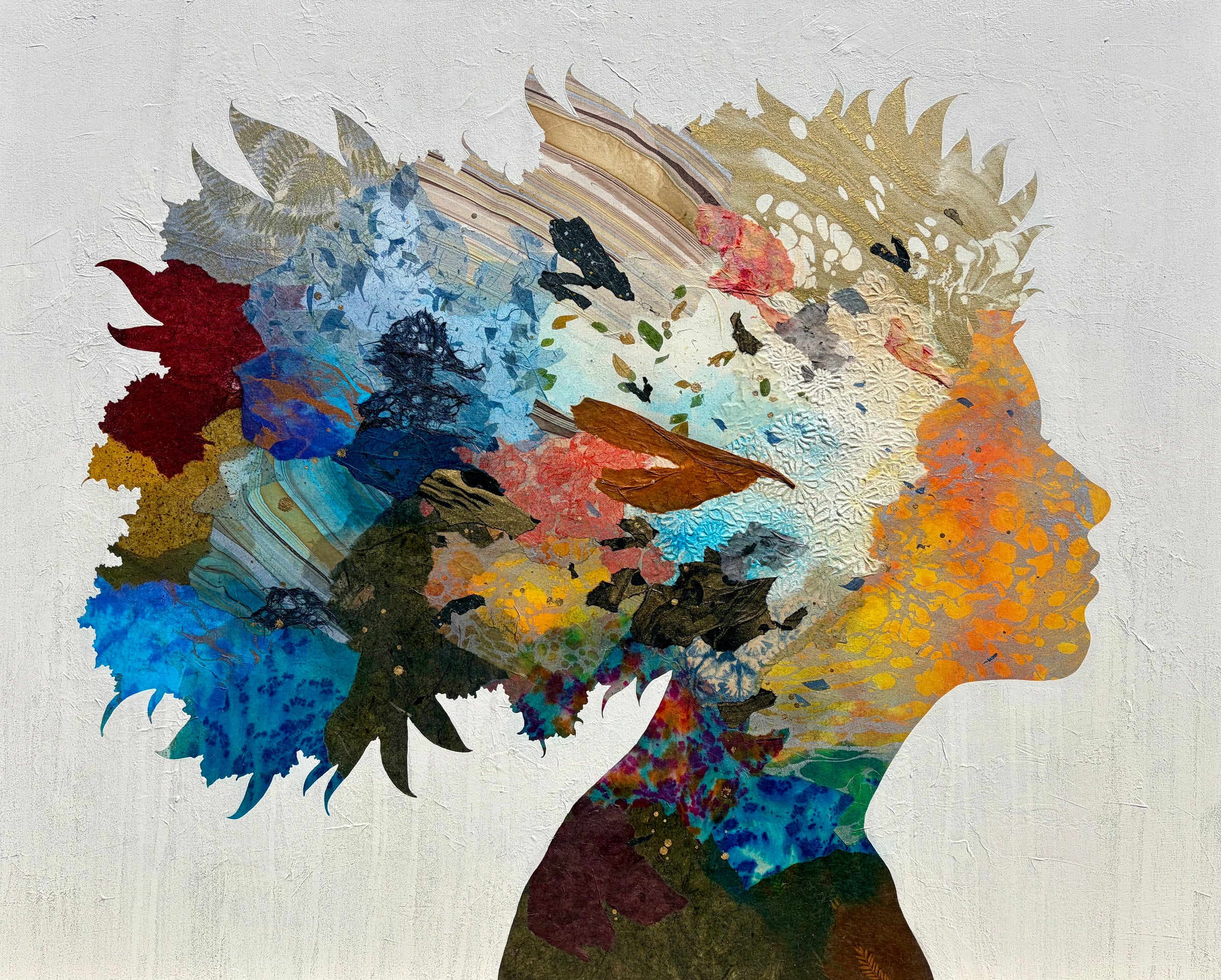 Born to Bloom by Christopher Peter — high-resolution view of the mixed media canvas showing a figurative female silhouette composed of acrylic paint, oil, handmade papers, and gold leaf