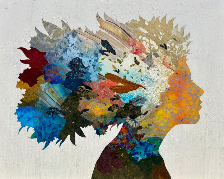 Born to Bloom by Christopher Peter — high-resolution view of the mixed media canvas showing a figurative female silhouette composed of acrylic paint, oil, handmade papers, and gold leaf