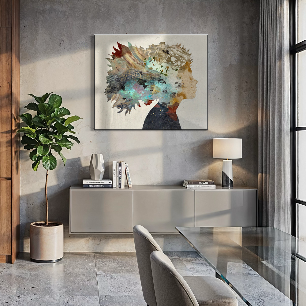 "Born to Bloom" by Christopher Peter — a mixed-media collage painting on canvas depicting a woman's silhouette filled with an explosive botanical dreamscape of deep red, burgundy, teal, and gold layered textures, scattered green foliage, and intricate dark lacework against a soft plaster-textured ivory background. A rich, earthy celebration of feminine strength and natural abundance. Original contemporary mixed-media botanical portrait on canvas available at Morton Contemporary gallery.