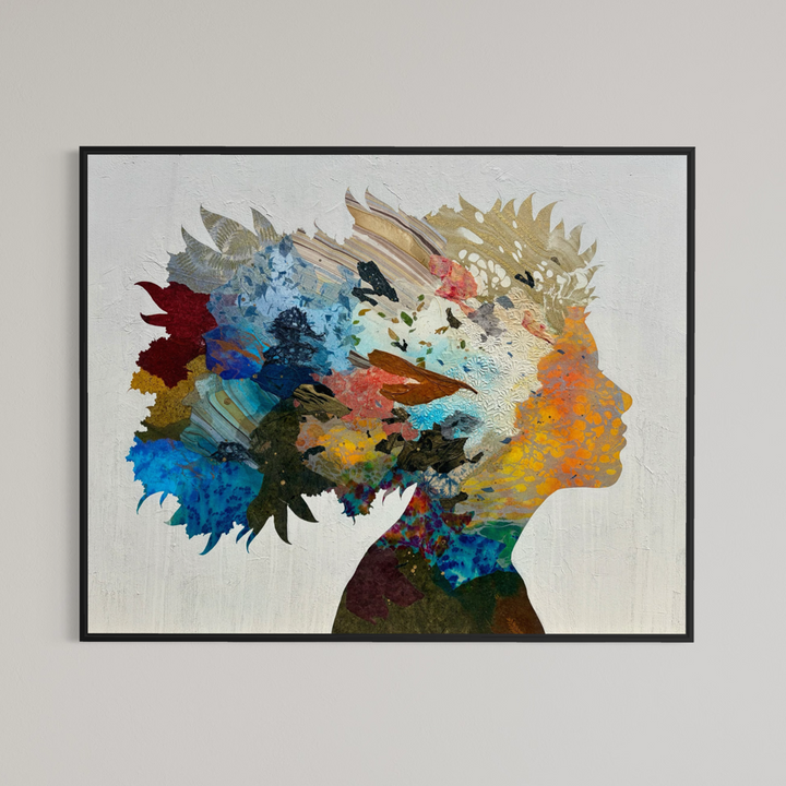 Born to Bloom by Christopher Peter shown with an optional black float frame, featuring the mixed media silhouette painting of a woman with floral and gold leaf elements