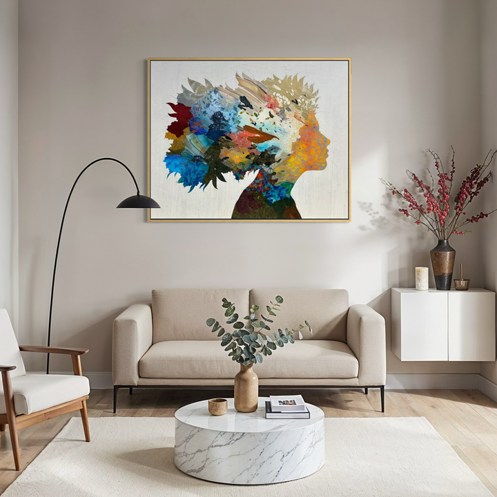 Born to Bloom by Christopher Peter displayed in a modern living room above a neutral sofa, showing the painting&