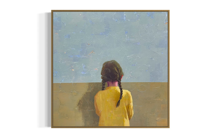Behind the Wall, 40 x 40" oil and acrylic painting by Tomasa Martin on linen. Painting of a girl with braids facing away from the viewer, looking over a wall.