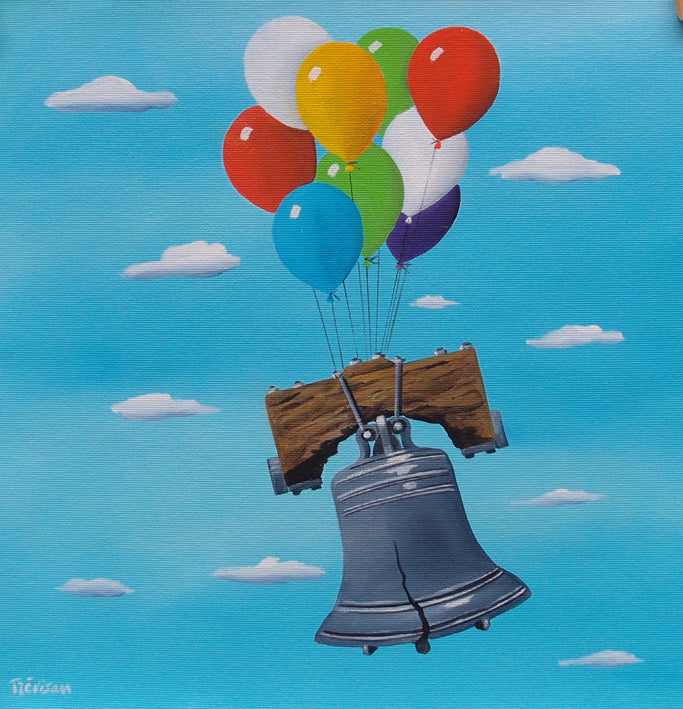 "Bell in the Sky" by Italian artist Carlo Trevisan — a surrealist oil painting on canvas depicting Philadelphia&
