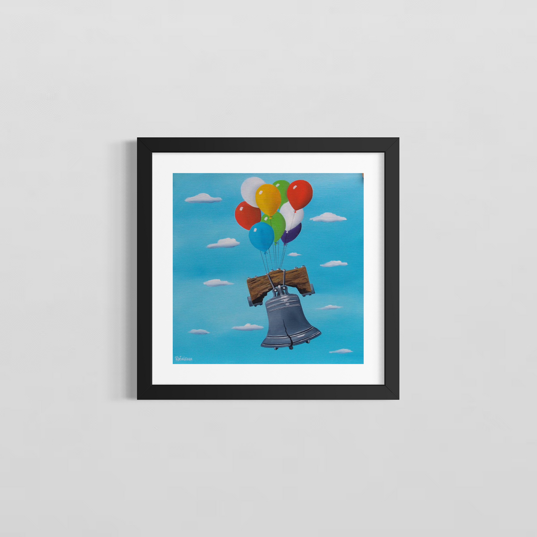 "Bell in the Sky" by Italian artist Carlo Trevisan — a surrealist oil painting on canvas depicting Philadelphia&