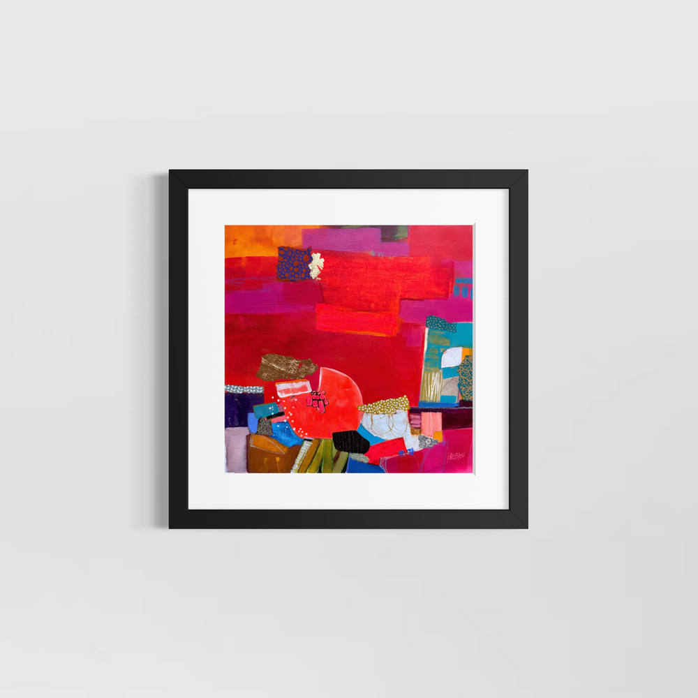 Lau Blou, Berceaux des trésors, acrylic paint, fabric, and gold leaf on canvas, 14 x 14 inches, shown in a white 17 x 17 inch mat and black frame on a light grey wall. Abstract painting of a round red shape and stacked blocks on red.