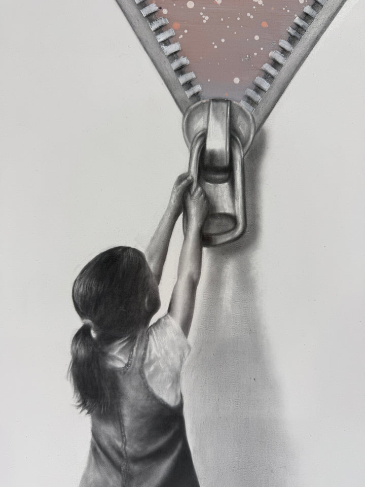 Beyond The Wall Of Reality’ by Ashvin Harrison is a contemporary surrealist painting featuring a monochromatic young girl pulling down a large zipper to reveal a vibrant dreamlike sky filled with colorful hot air balloons, cosmic splatter effects, and deep blue twilight tones. Created with coconut charcoal dust and acrylic on canvas, this mixed-media artwork contrasts realistic grayscale portraiture with expressive abstract color, symbolizing imagination, wonder, and escape beyond reality