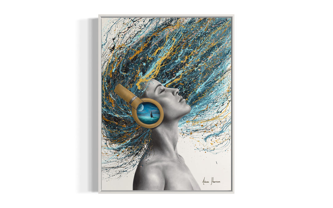woman side profile face in black and white wearing gold headphones with sea scene flipping hair back in blue black and gold splatter paint on white background