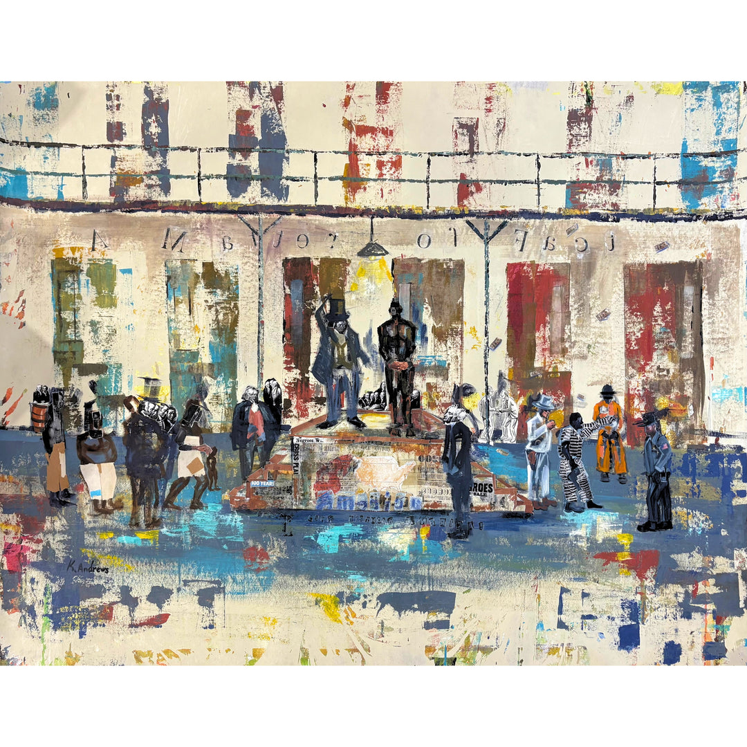 Keith Andrews, Block to Block acrylic and collage on parachute cloth, 48 x 60 inches. Groups of figures in a cell block setting surround a central collaged platform where a man in a top hat stands beside a dark figure. The palette is cream, blue, red and ochre.
