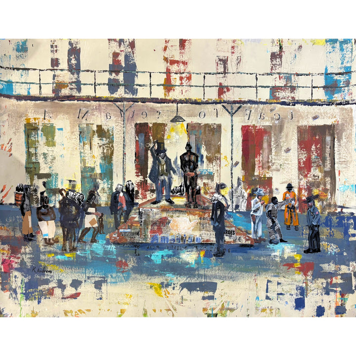 Keith Andrews, Block to Block acrylic and collage on parachute cloth, 48 x 60 inches. Groups of figures in a cell block setting surround a central collaged platform where a man in a top hat stands beside a dark figure. The palette is cream, blue, red and ochre.