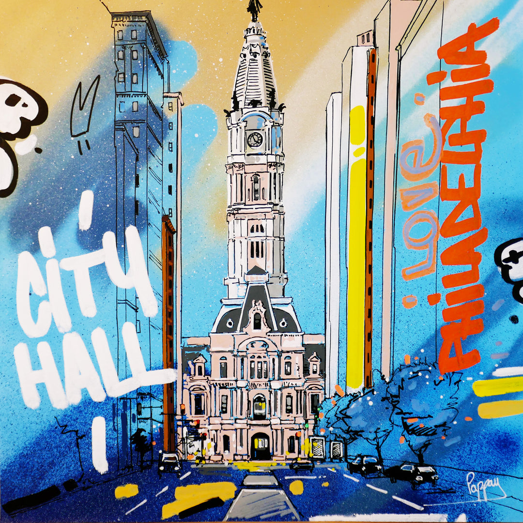city hall illustration pop graphic art with graffiti marker and text broad street blue colorful spray paint