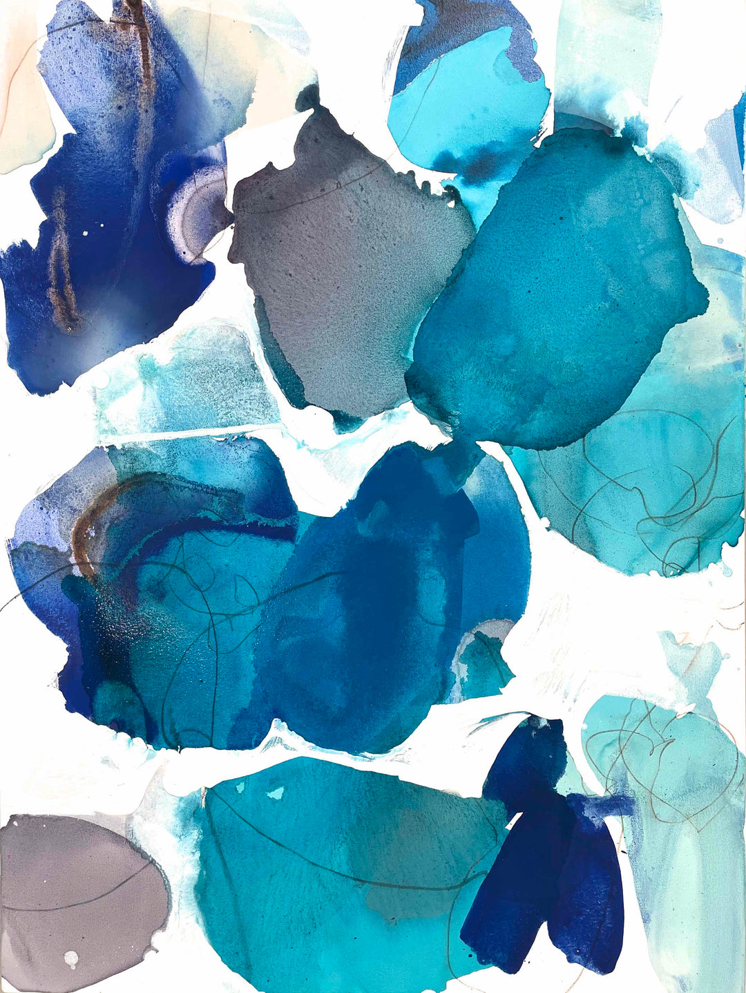 "Blue Beach Glass 1" acrylic and watercolor painting on canvas by Liz Barber, full view of the abstract blue, teal, and gray organic shapes