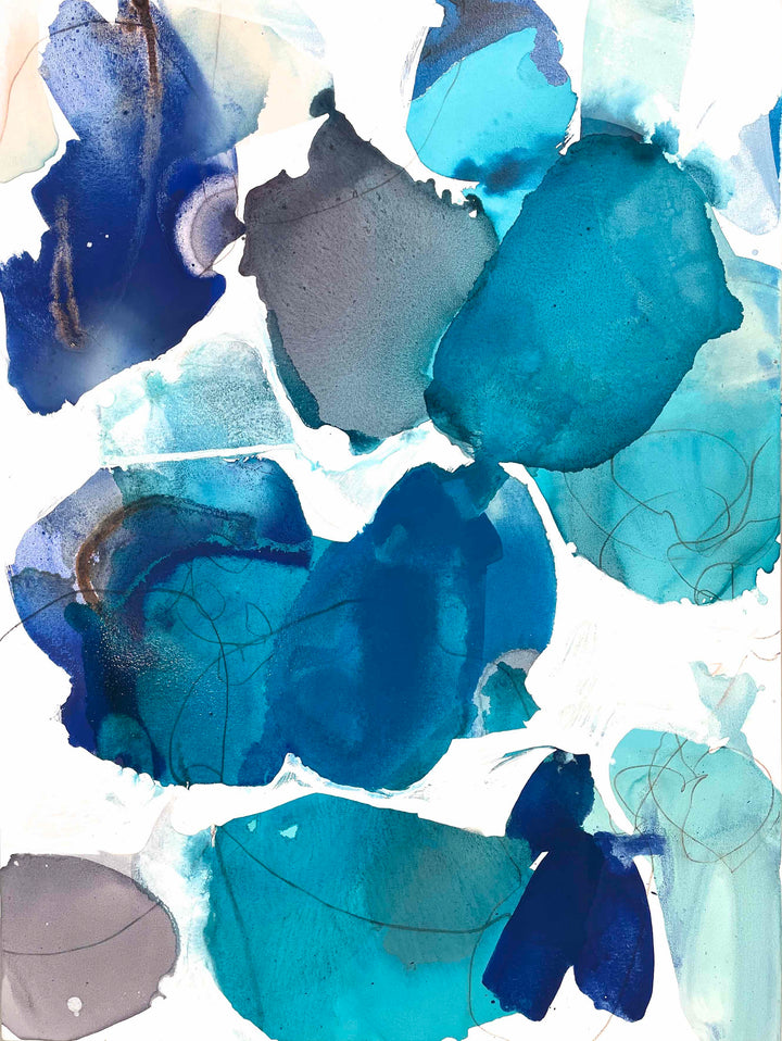 "Blue Beach Glass 1" acrylic and watercolor painting on canvas by Liz Barber, full view of the abstract blue, teal, and gray organic shapes