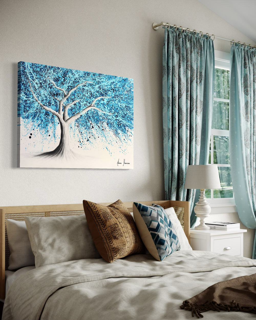 tree trunk and branches in black and white realistic with paint splattered blue expressionist abstract leaves acrylic in light blue and dark on white background