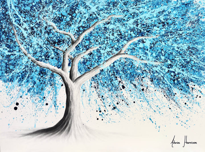 tree trunk and branches in black and white realistic with paint splattered blue expressionist abstract leaves acrylic in light blue and dark on white background