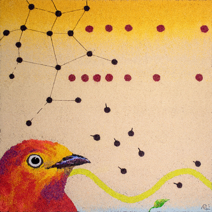 Warm colored bird in bottom left most corner of work with black and red dots and a green wavy line.