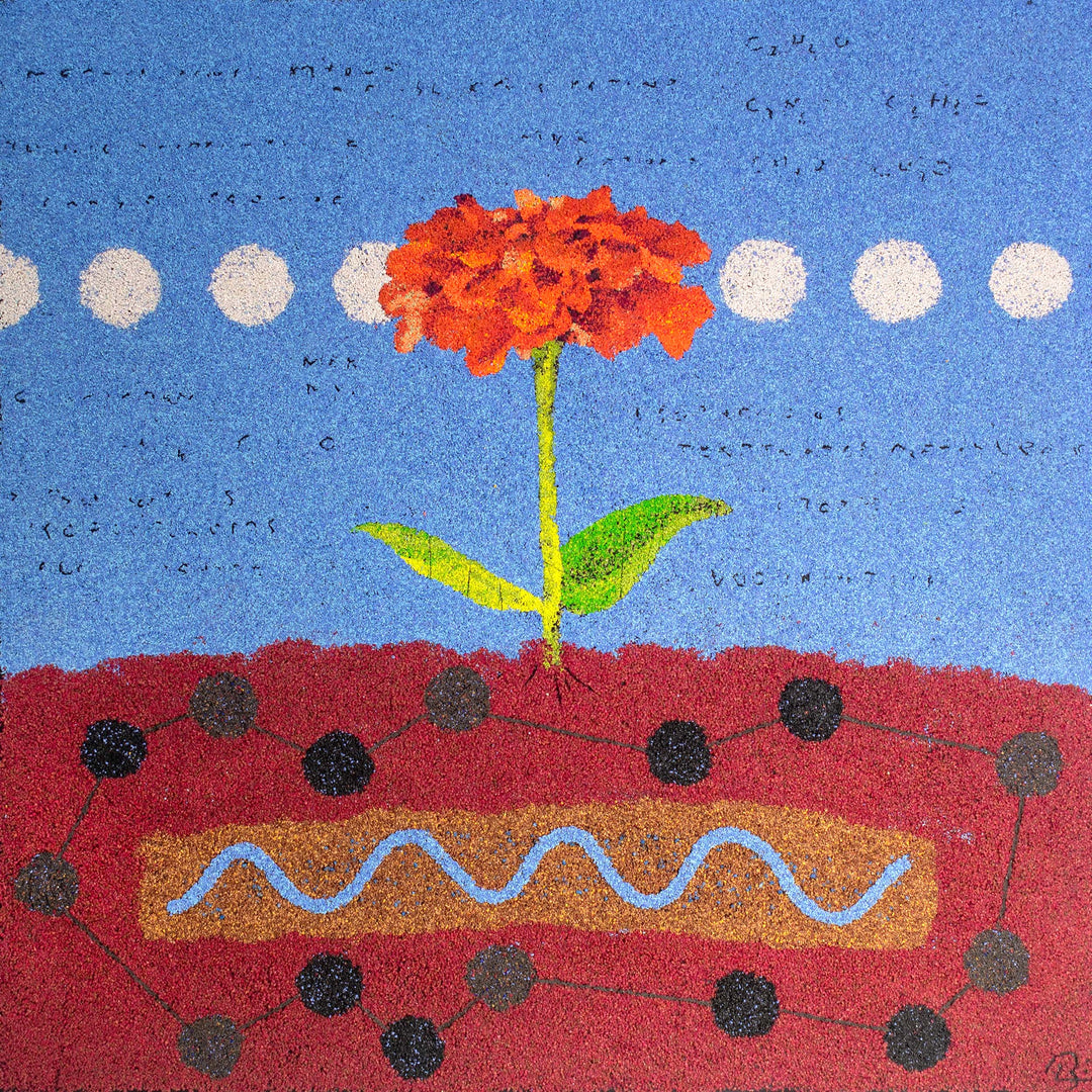 Work divided into two by a red lower half and blue upper half with a red flower standing in the middle.