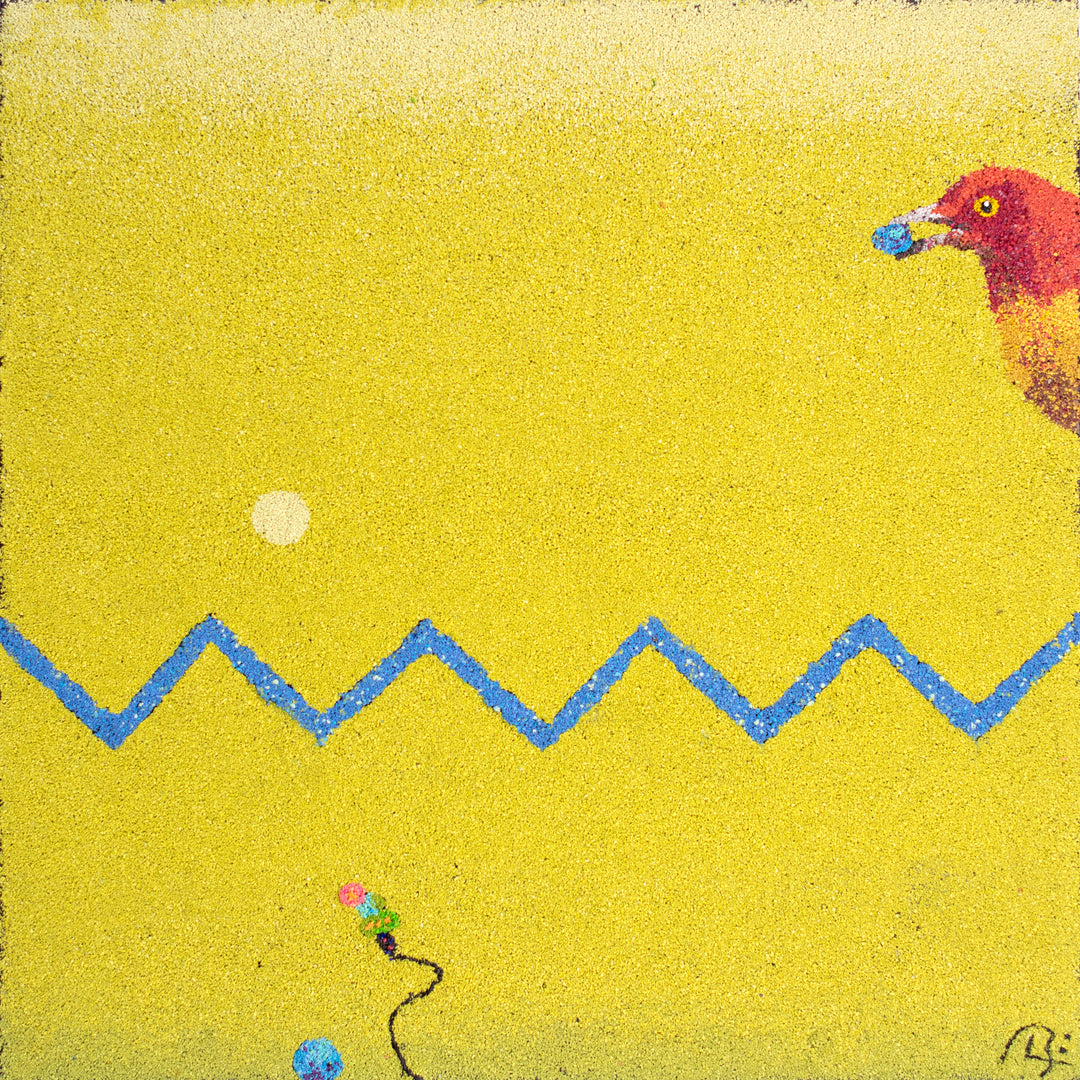 20"x20" abstract piece using crushed volcanic rock and acrylic paint with a bird and abstract forms over a yellow background. 