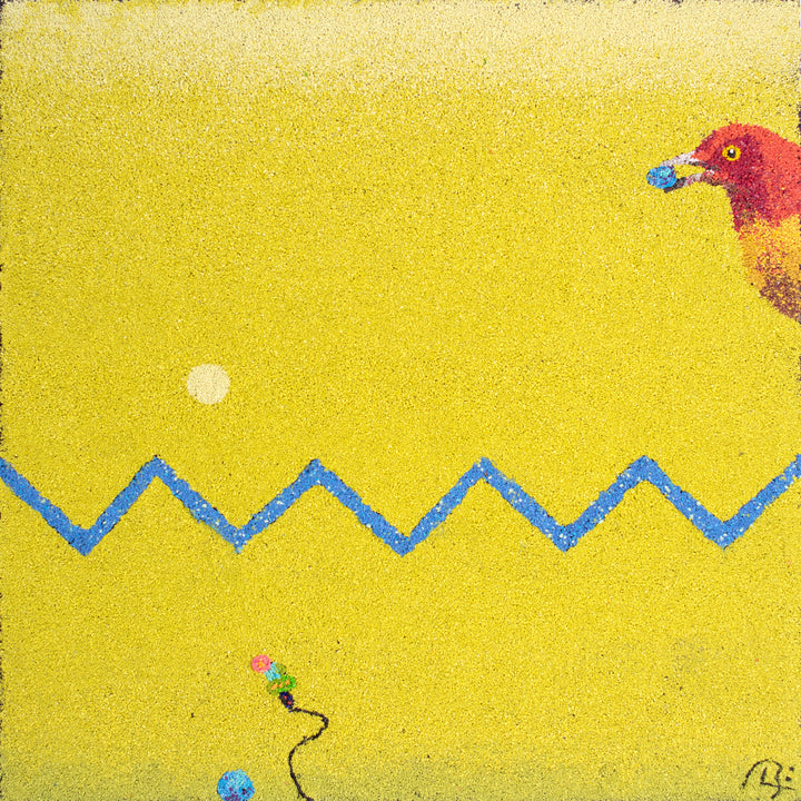 20"x20" abstract piece using crushed volcanic rock and acrylic paint with a bird and abstract forms over a yellow background. 
