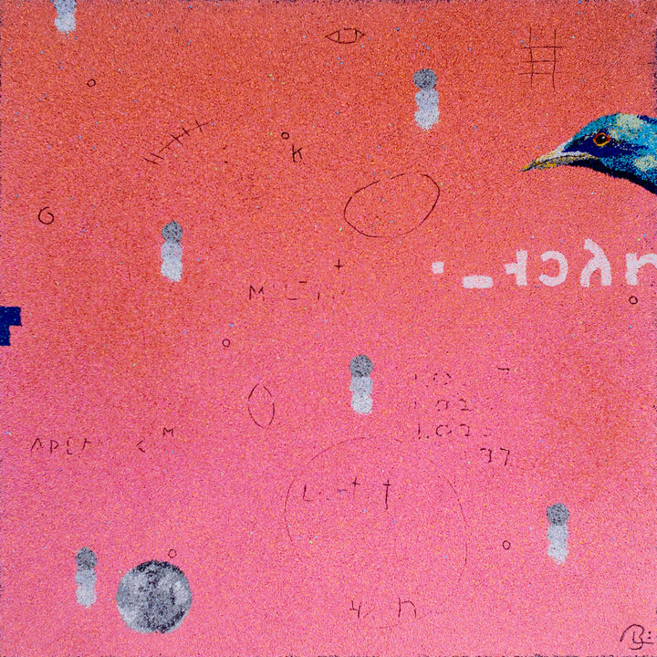 36"x36" abstract piece using crushed volcanic rock and acrylic paint with a bird and abstract forms over a pink and orange background. 