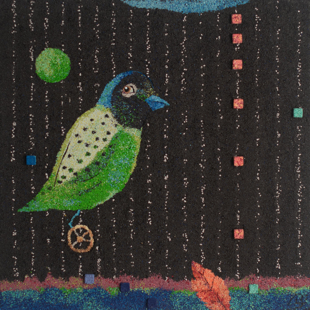 bird volcanic rock fall space green blue black Volcanic rock textured art piece with 