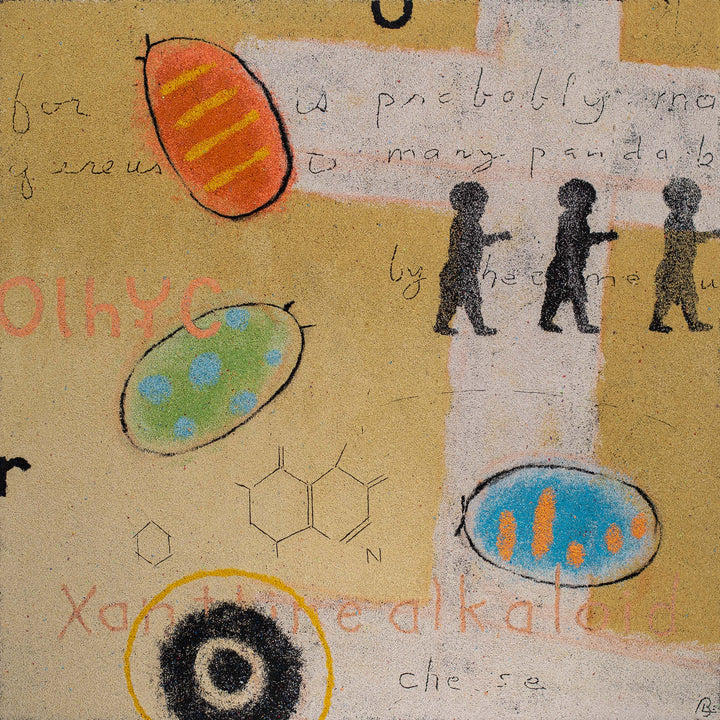 60"x60" abstract piece using crushed volcanic rock and acrylic paint with abstract forms over a yellow background. 