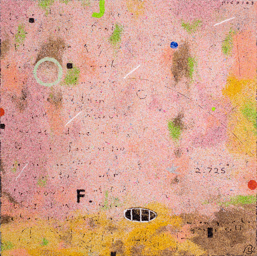36"x36" abstract piece using crushed volcanic rock and acrylic paint featuring abstract forms over a pink and yellow background. 