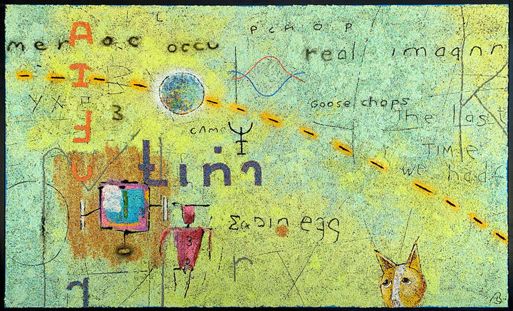 36"x60" abstract piece using crushed volcanic rock and acrylic paint featuring wording and designs over an aqua, yellow and green background. 