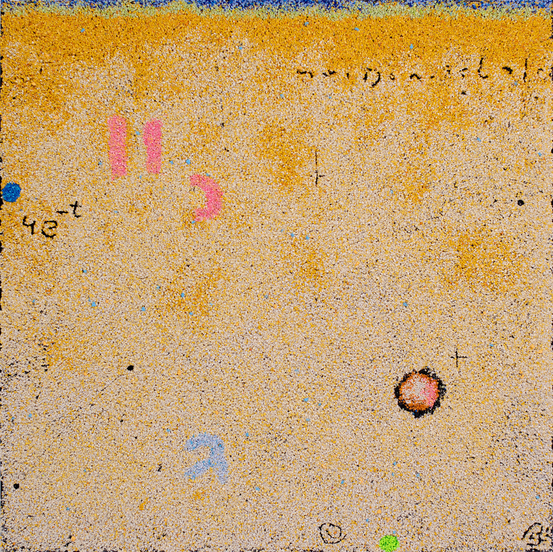 20"x20" abstract piece using crushed volcanic rock and acrylic paint featuring abstract forms over a beige and yellow background. 