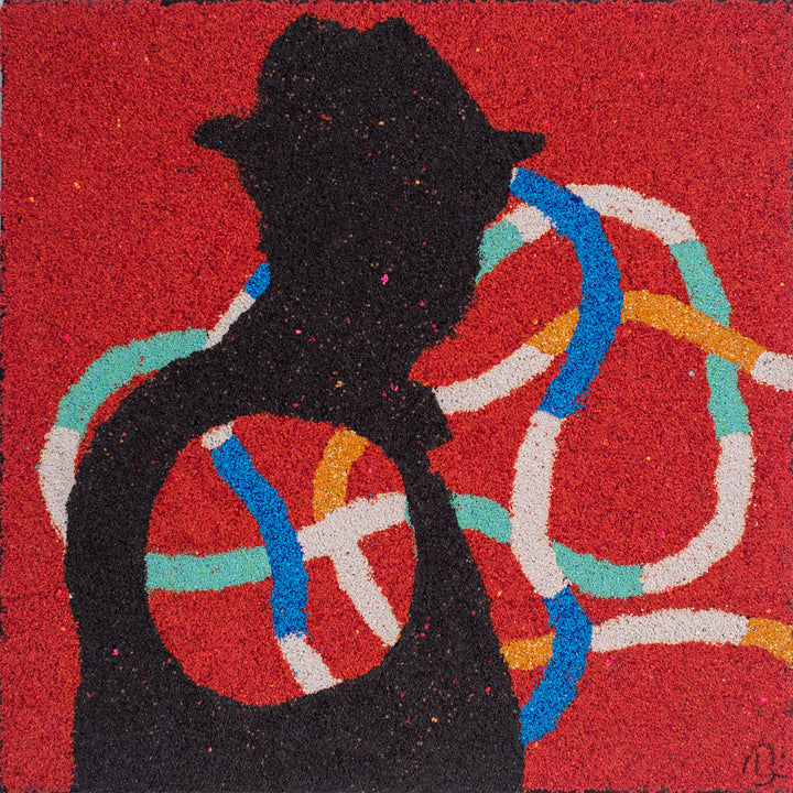 20"x20" abstract piece using crushed volcanic rock and acrylic paint with a silhouette of a man over abstract forms and a red background.  