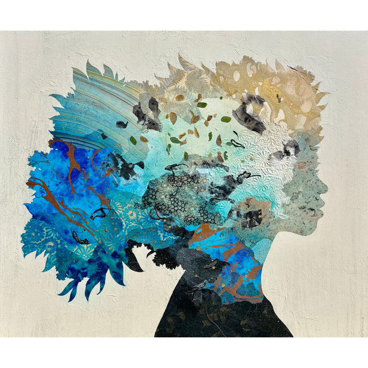 "Born to Bloom" by Christopher Peter — a mixed-media collage painting on canvas depicting a woman&