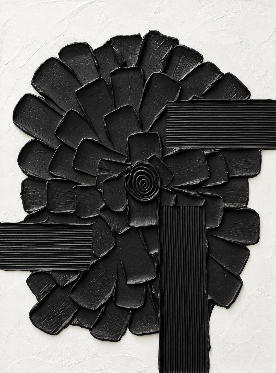 Lee in Cerulean, Botanic Vaste, joint compound and acrylic paint on canvas, 48 x 36 inches. Close view of overlapping raised black petal shapes around a spiral center, crossed by black bands of fine ridges on a white background.