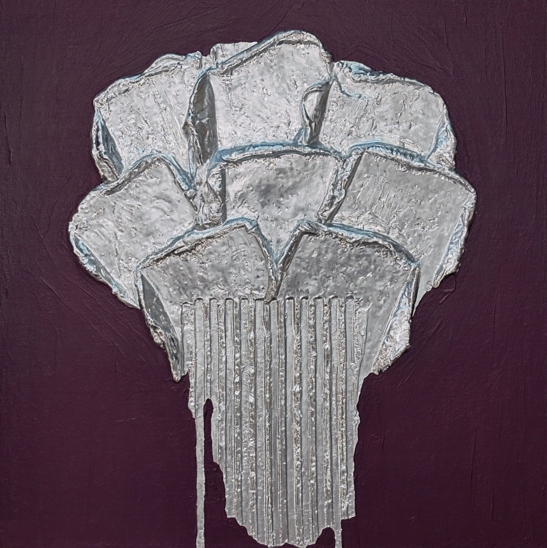 Lee in Cerulean, Botanic Chrome, joint compound and acrylic, 14 x 14 inches. A silver flower-like form of layered petal shapes on a vertically ribbed stem with drips at the base, on a dark plum background.
